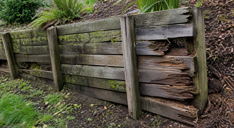 Failing timber retaining wall before replacement