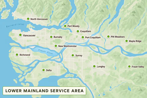 Static map of New Wave Earthworks service areas across the Lower Mainland