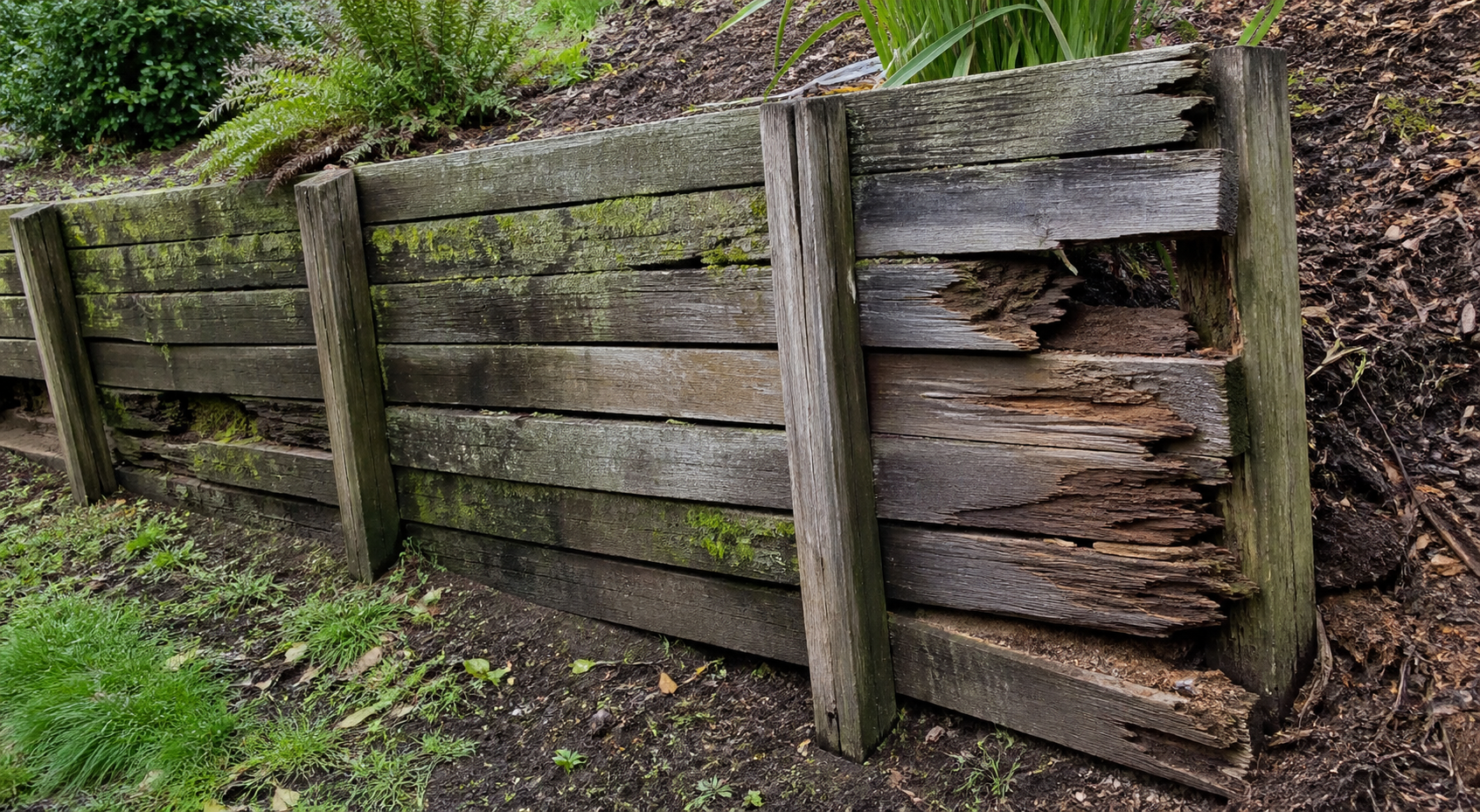 Rotting timber retaining wall with split, decayed boards