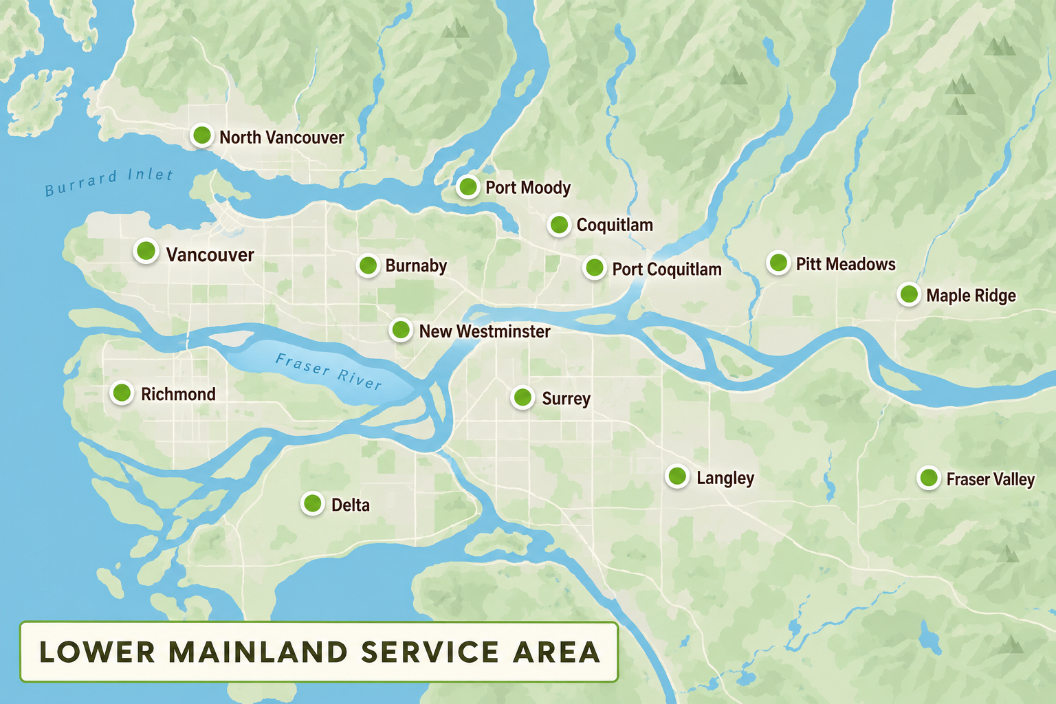Static map of New Wave Earthworks service areas across the Lower Mainland